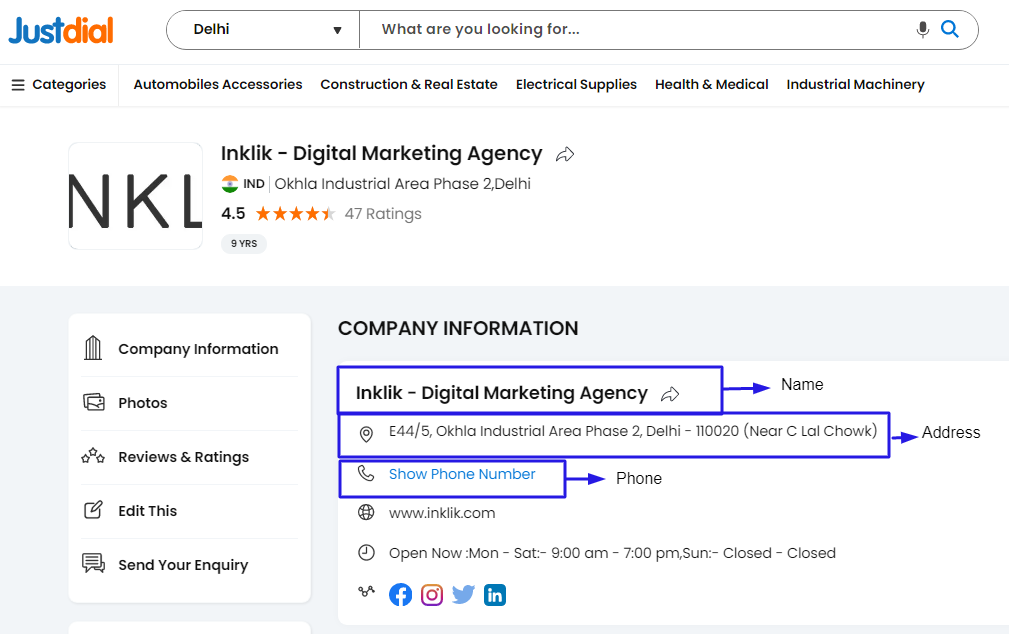 Inklik-digital-marketing-agency-listing-on-justdial-showing-name-address-phone-as-citation